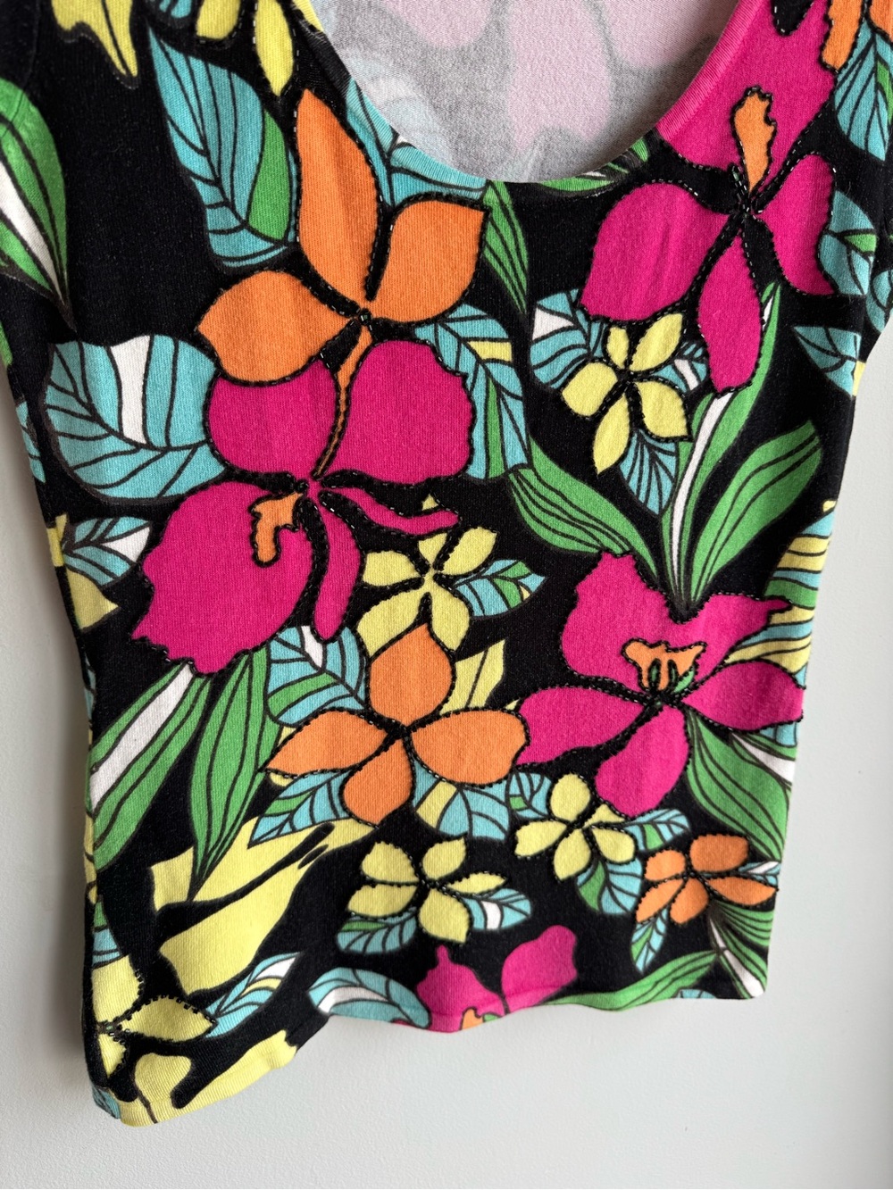 Cache Y2K Tropical Floral Top Medium Bright Stretch Knit Tee Beaded Summer Cute! - Picture 5 of 11